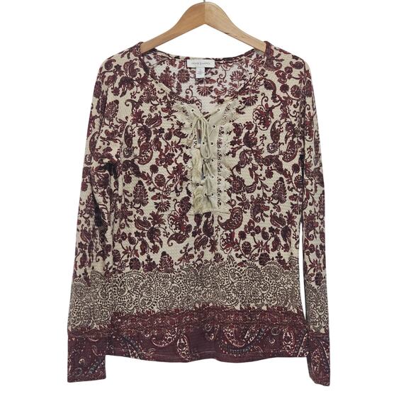 Vintage America Waffle Knit Top Style Lara Size S LS Paisley Boho Peasant - Picture 1 of 8